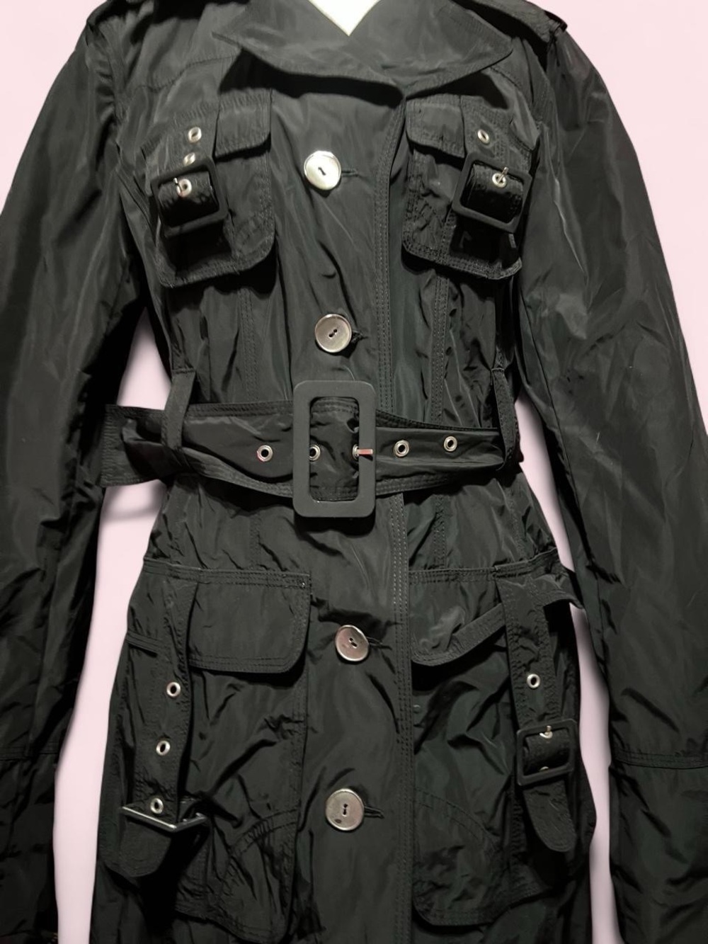 Large BEBE Black Utility Trench Coat with Belt - Picture 3 of 8